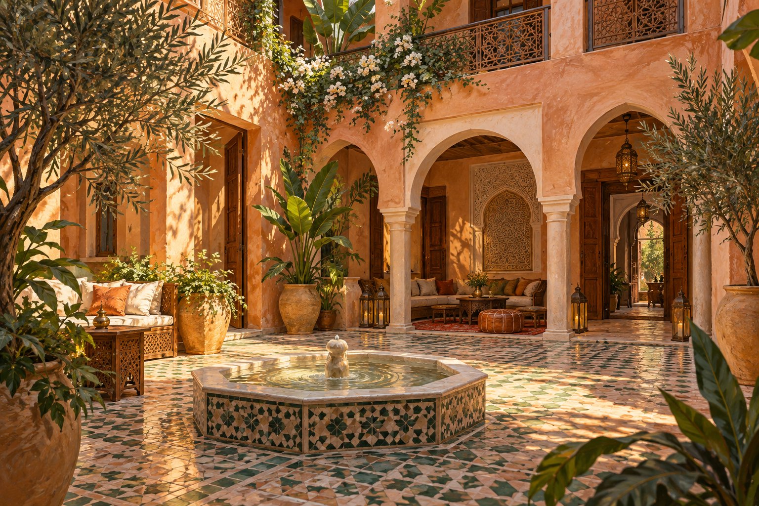 KI-generierte Illustration eines fiktiven Riad-Innenhofs; kein reales Hotel